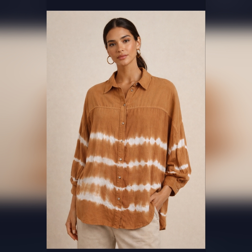 White Birch Women's Blouse Size M Rusty Tie Dye Button Rayon Long Sleeve